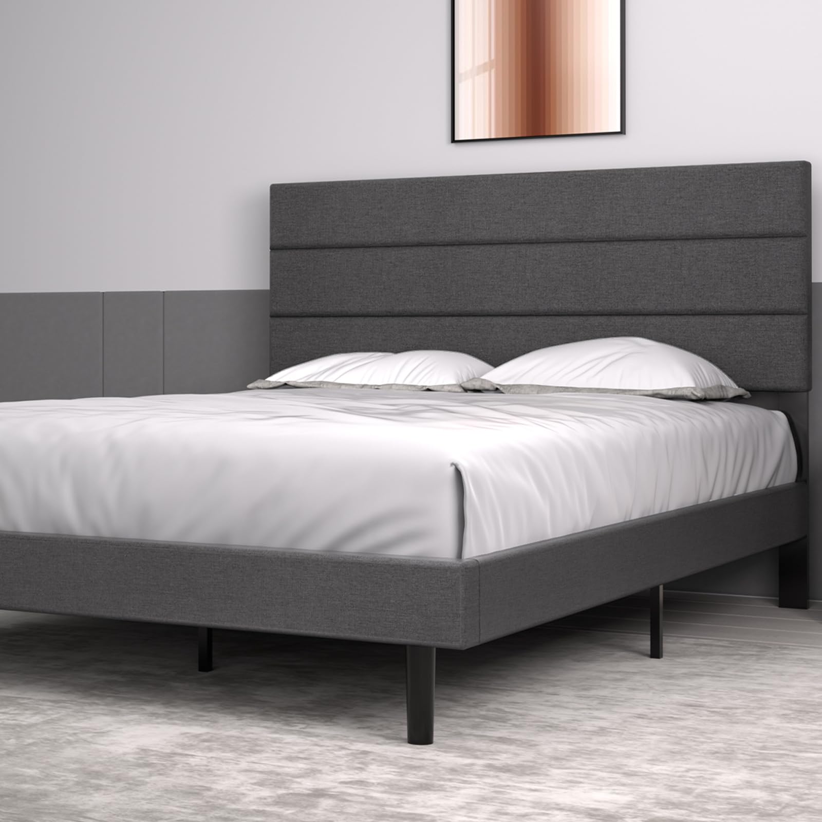Queen Size Platform Bed Frame with Headboard, Fabric Upholstered Bed