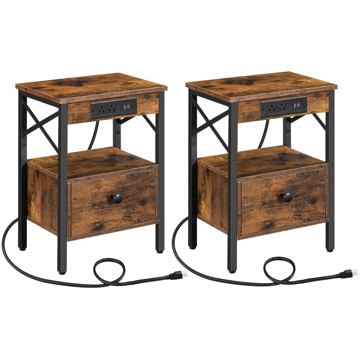 Nightstand Set of 1/2 with Charging Station, End Table Set