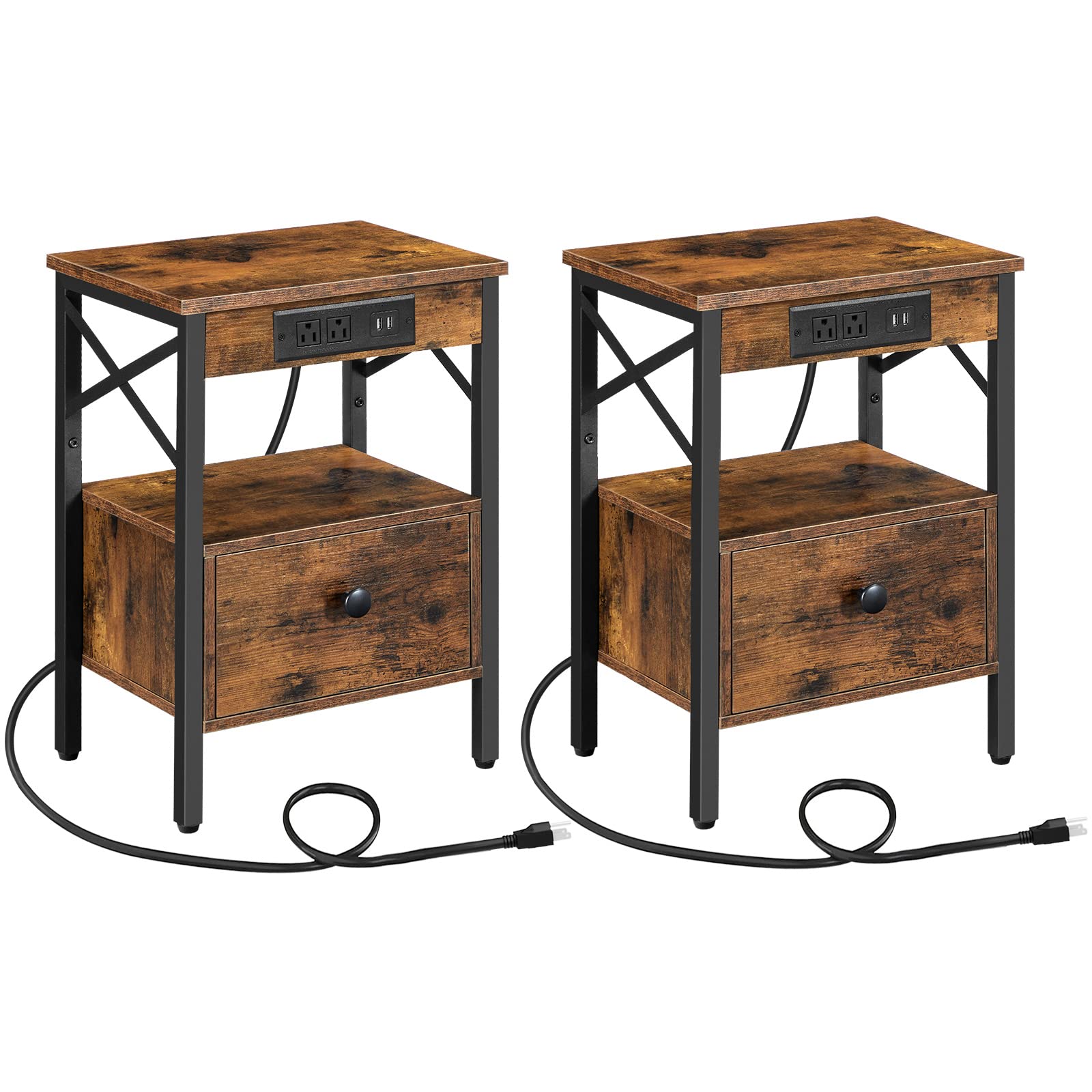 Nightstand Set of 1/2 with Charging Station, End Table Set