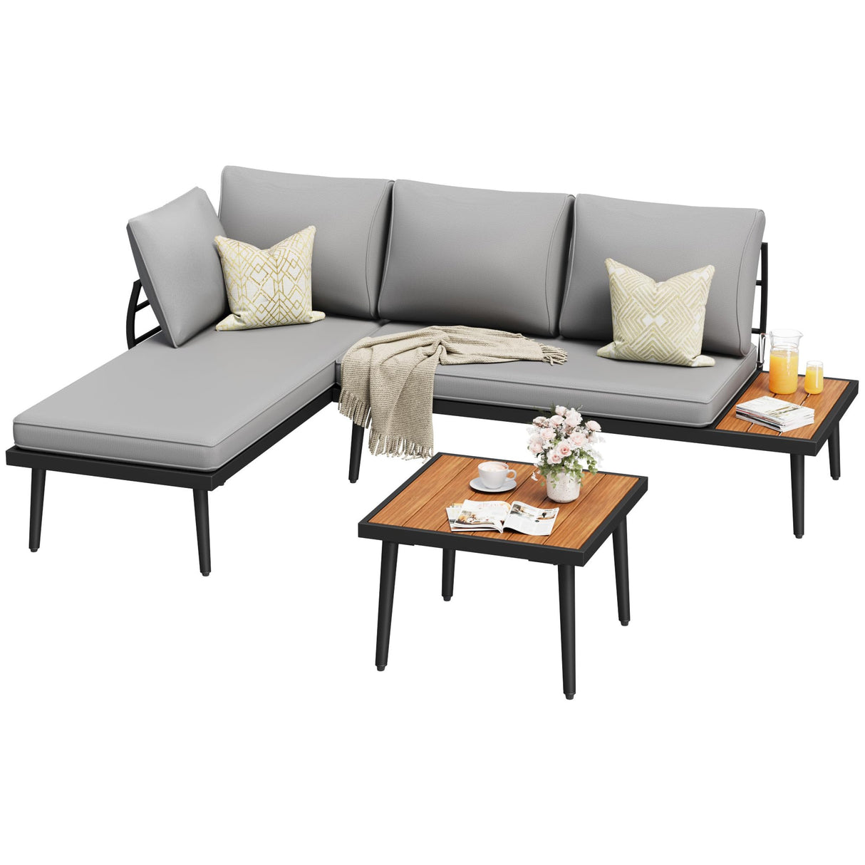 Outdoor Sectional Sofa Set L-Shaped Metal Patio Furniture with All-Weather Cushions