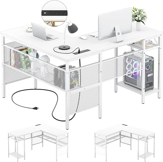 L Shaped Desk with USB Charging Port and Power Outlet