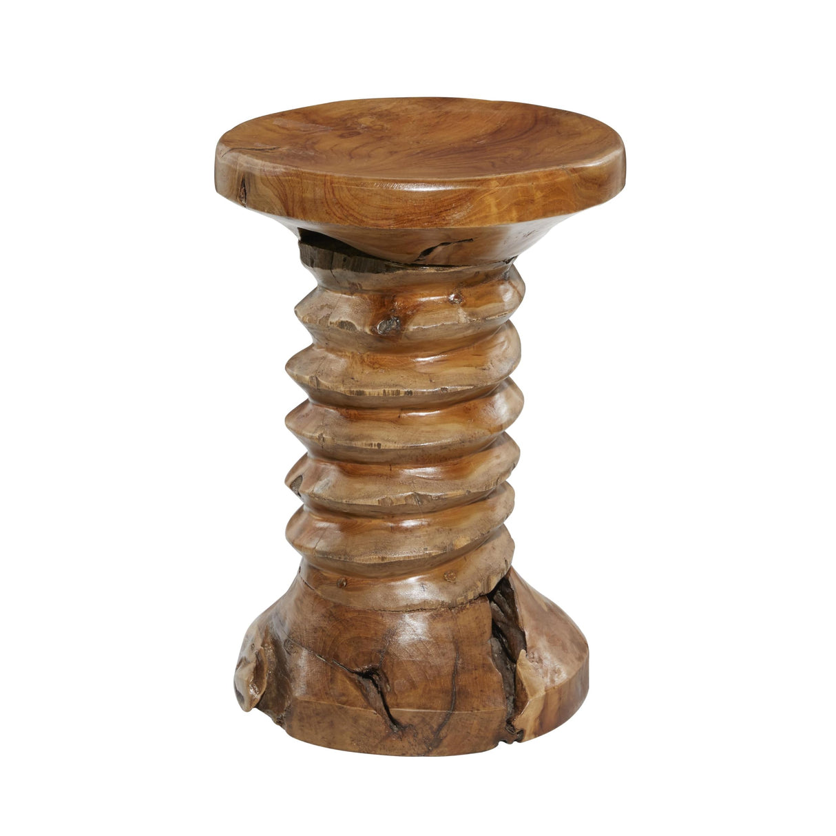 Teak Wood Handmade Live Edge Accent Table with Coiled Base, 13" x 13" x 19", Brown
