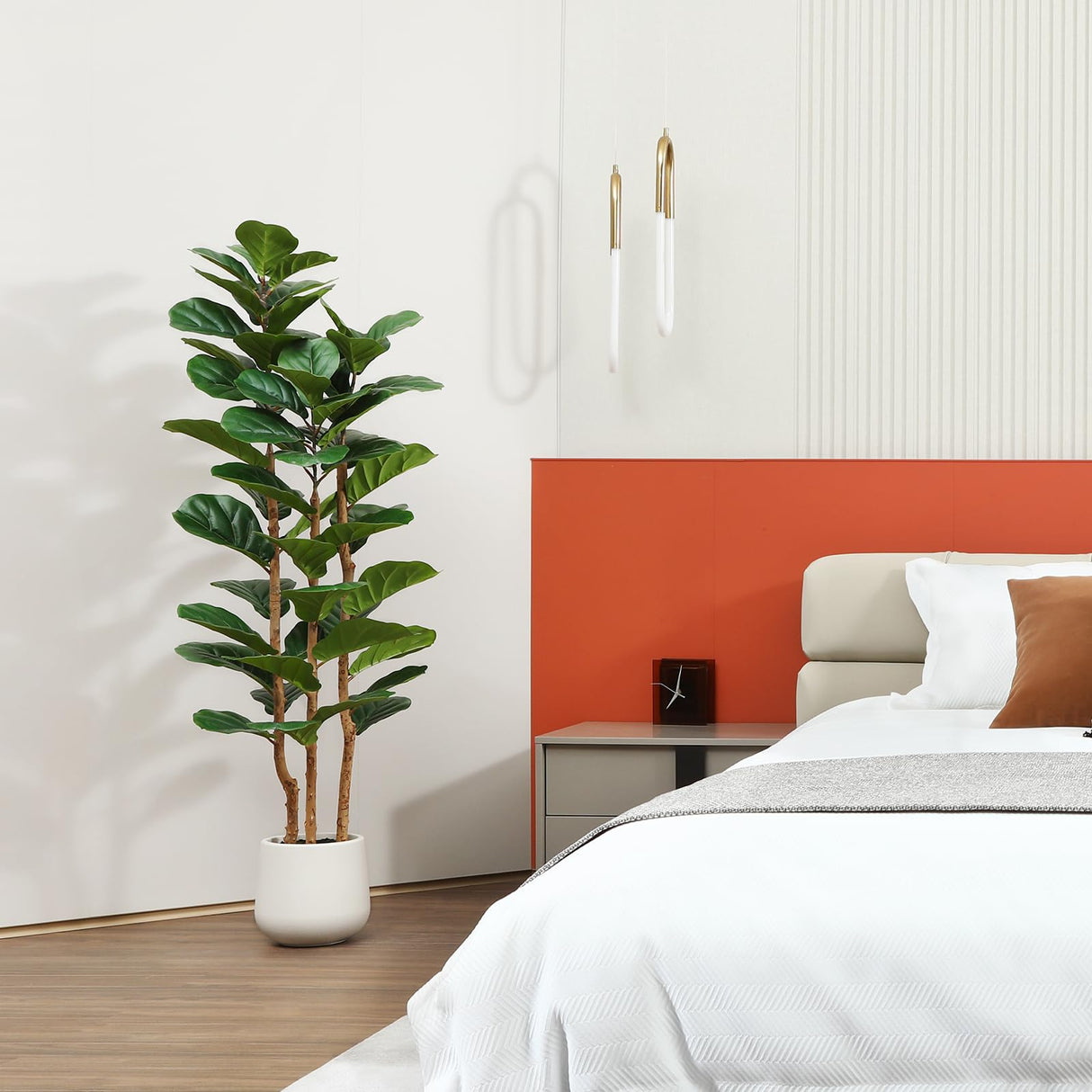 Artificial Fiddle Leaf Fig Tree with White Planter,5ft Tall Fake Tree with Natural Wood