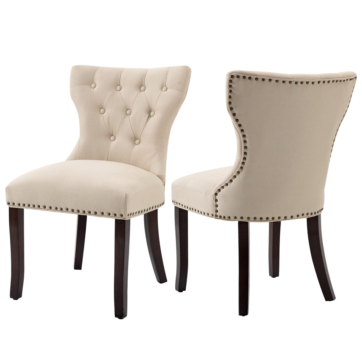 Tufted Fabric Dining Chairs Set of 2 - Upholstered Solid Wood Accent Chairs with Nailhead Trim