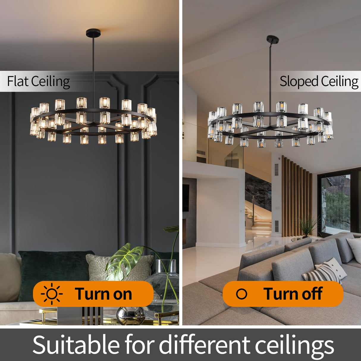 Modern 36" Black Round Chandelier, K9 Crystal Chandeliers for Dining Room, Living