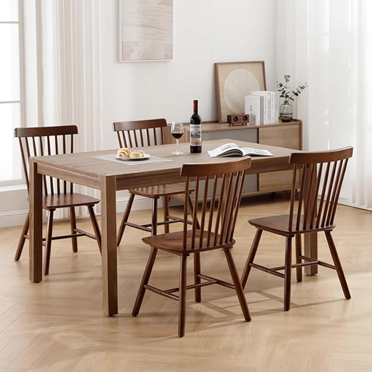 Windsor Dining Chairs Set of 4 - Solid Wood Farmhouse Spindle Back Kitchen Chairs