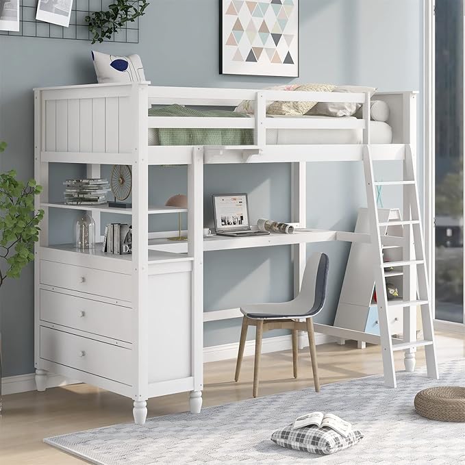 Twin Loft Bed with Desk and Storage Drawers Wood High Loft Beds Frame