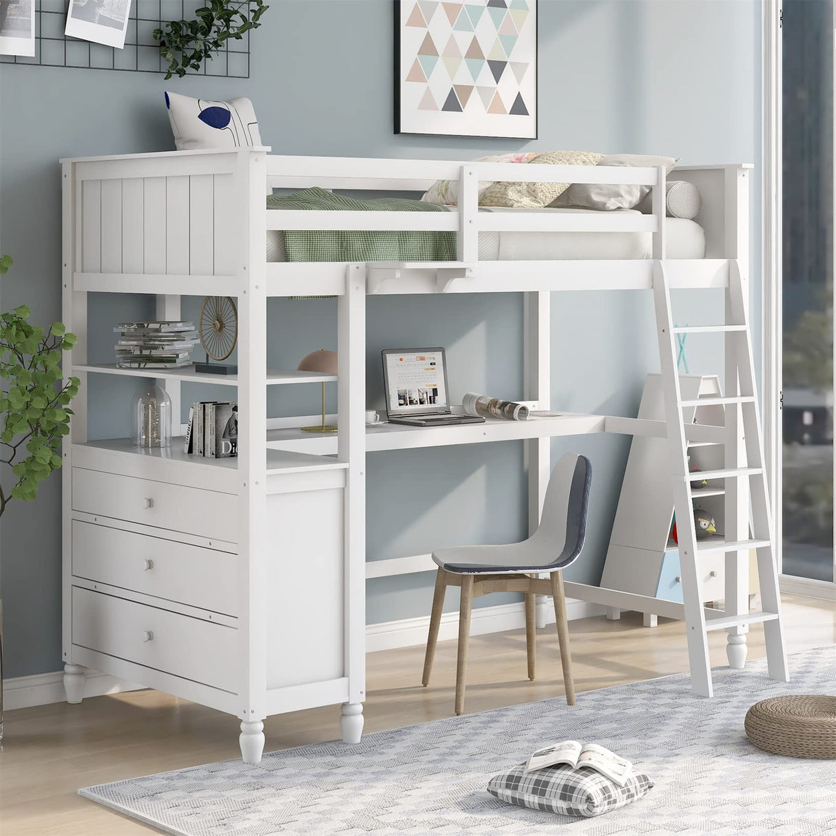 Twin Loft Bed with Desk and Storage Drawers Wood High Loft Beds Frame