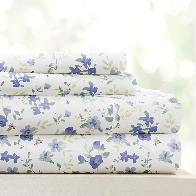 4 Piece Queen Sheet Set (Light Blue Floral) - Sleep Better Than Ever