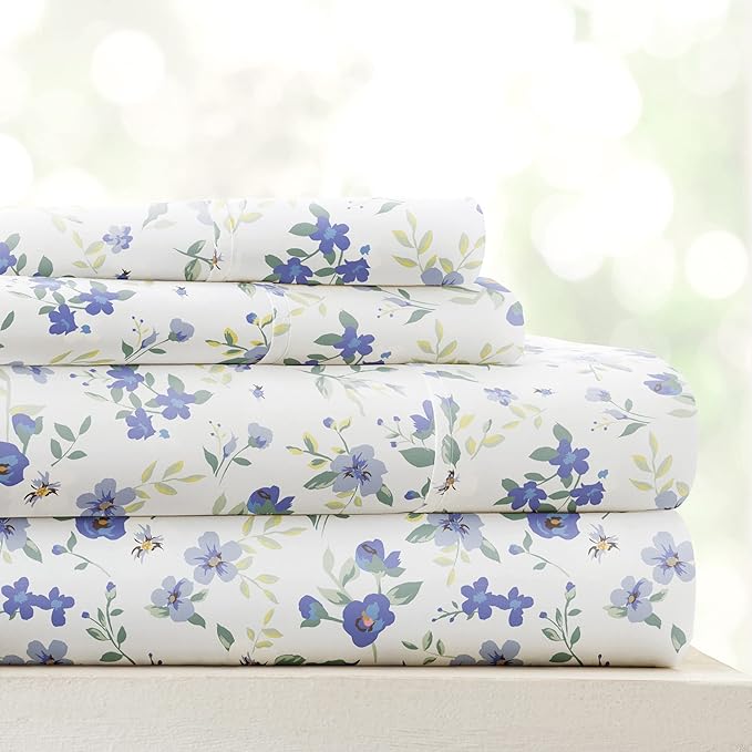 4 Piece Full Size Sheet Sets (Light Blue Floral)