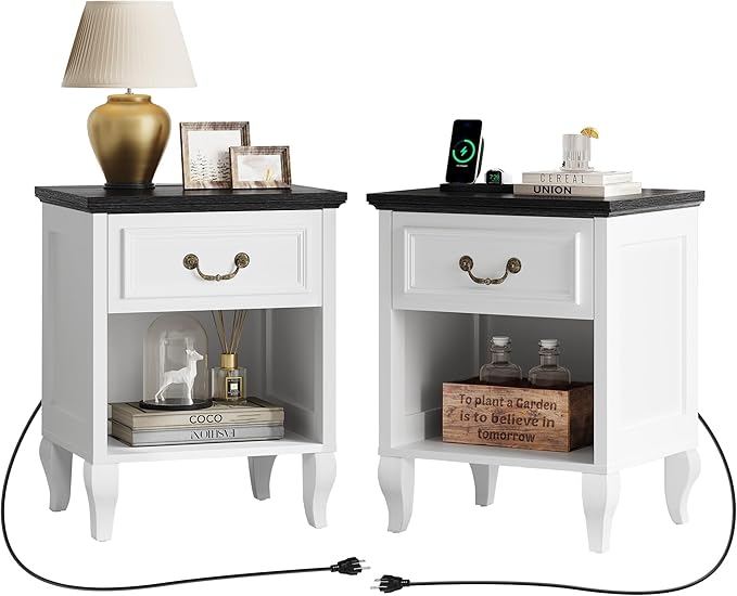 with Charging Station, Farmhouse Nightstands with Drawer & Open Storage Shelf