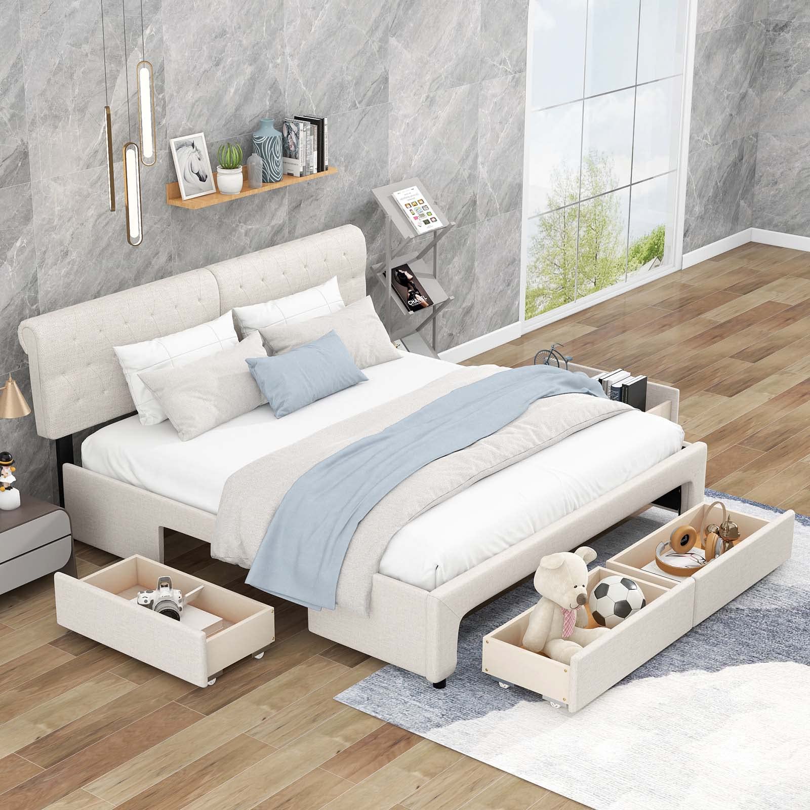 Queen Size Linen Upholstered Platform Bed, Wooden Platform Bed