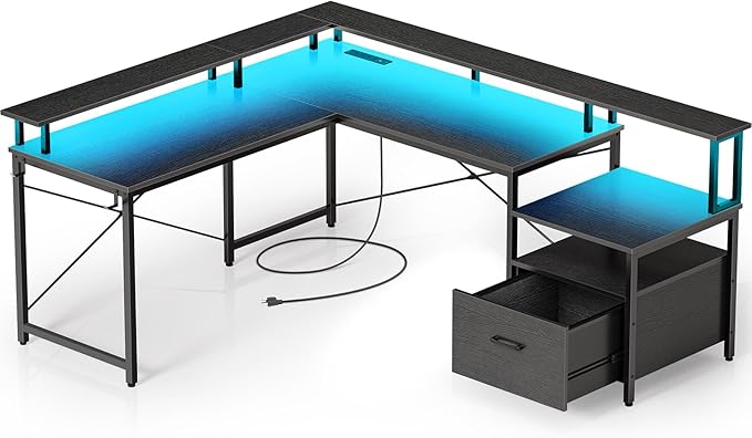 Computer Desk with File Drawer, 64" Reversible L Shaped Desk with Power