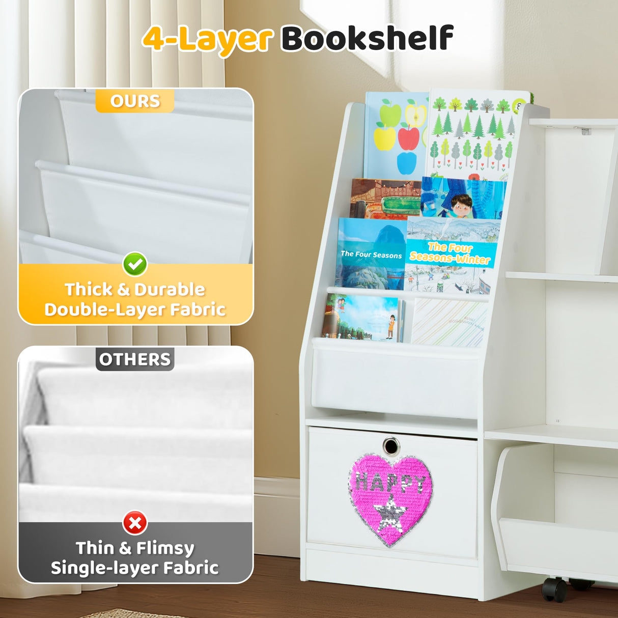 KOLIGEY Kids Bookshelf and Toy Organizer, 5-Cubby Toy Storage Cabinet with 4 Tier Wooden Bookcase, 1 Removable Toy Cabinet with Wheels for Bedroom, Living Room, Playroom, Nursery, Classroom