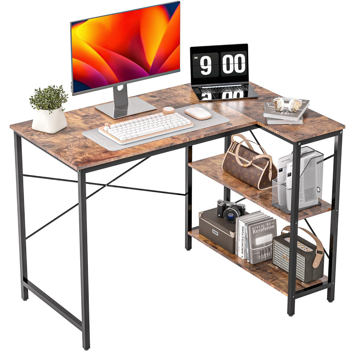 Small Computer Desk,40 Inch L Shaped Desk with Storage Shelves,Gaming Desk,Home Office Corner Reversible Pc Desk,Study Writing Table,Brown