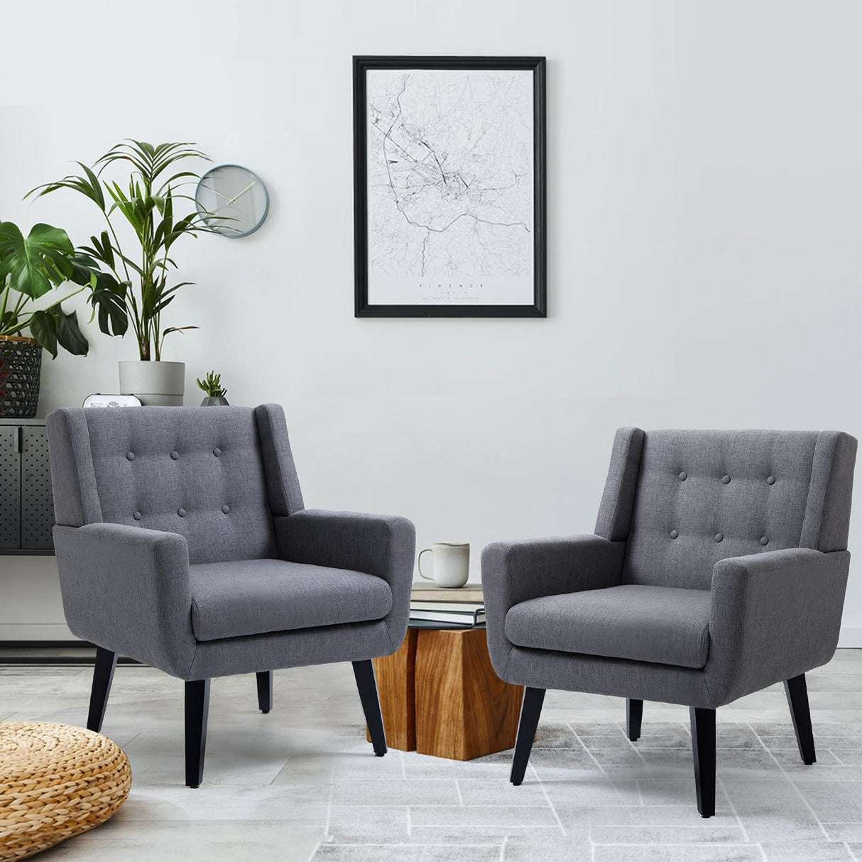 Set of 2 Morden Accent Chair, Mid-Century Modern Upholstered Sofa Chair with Rubber