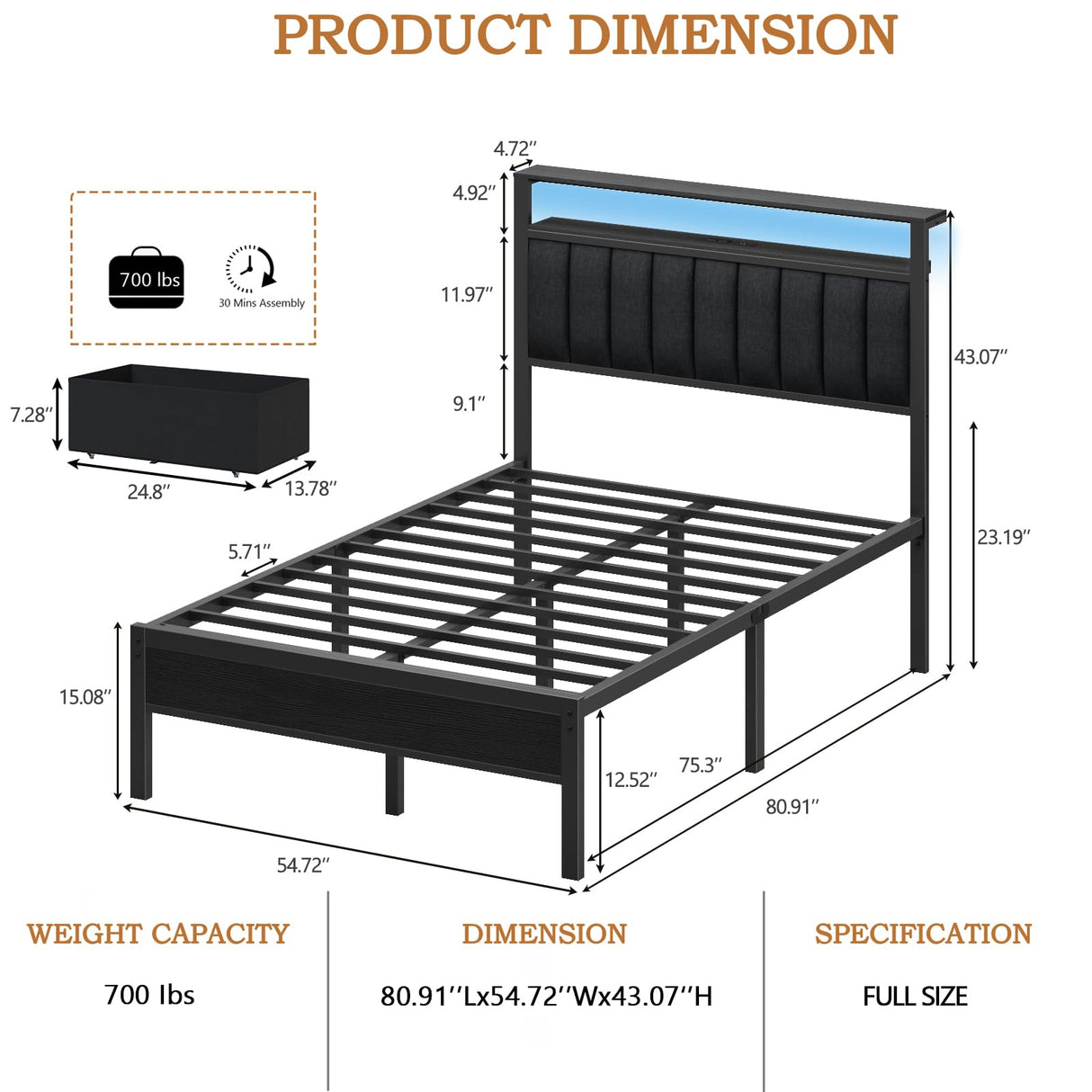 Full Size Bed Frame with Charging Station and LED Lights