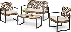 4 Pieces Patio Conversation Set, Wicker Outdoor Furniture Set for 4