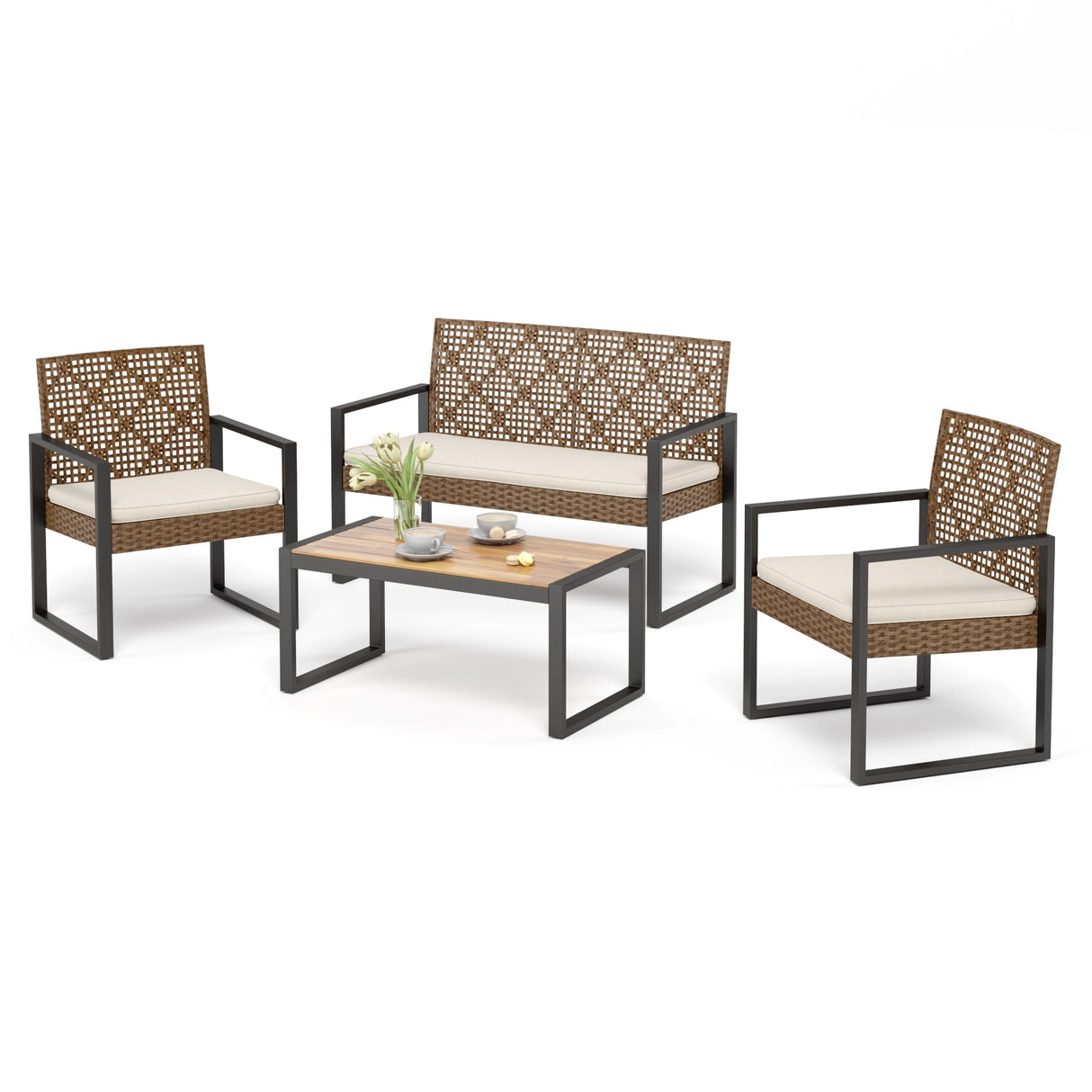 4 Pieces Patio Conversation Set, Wicker Outdoor Furniture Set for 4
