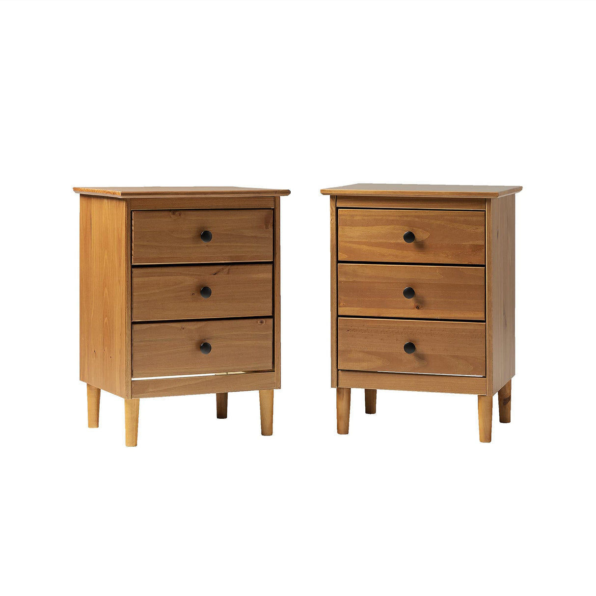 Myron Modern 2 Piece Solid Wood 3 Drawer Nightstand Set, 2 Pack, Caramel