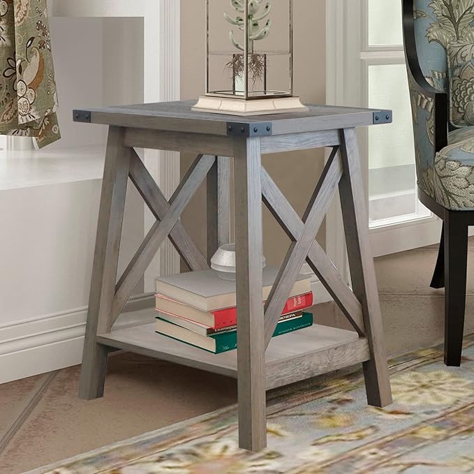 Side Table End Table for Living Room, Farmhouse Accent Wood Nightstand for Bedroom