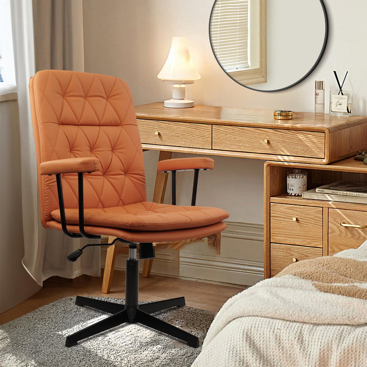 Office Chair No Wheels, Leather Desk Chair with Arms, Mid Back Modern Height Adjustable Computer Chair with Soft Cushion, Swivel Task Chair for Home Office, Orange