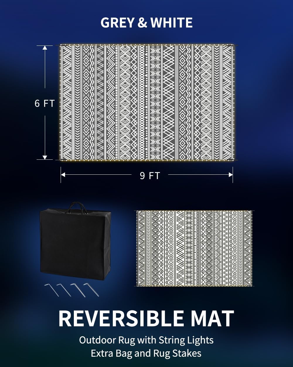 -Outdoor Rug Carpet 6x9 ft for Patio RV Camping with Led Strip