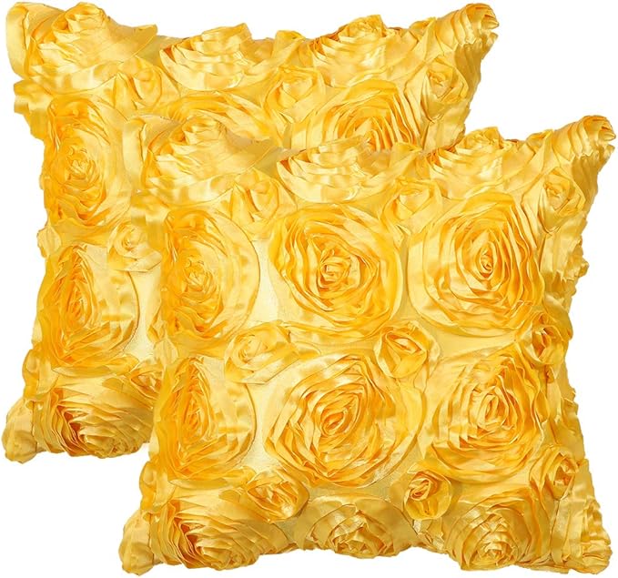 2 Pcs 3D Flowers Throw Pillow Cover, Romantic Decorative Satin Cushion Cover
