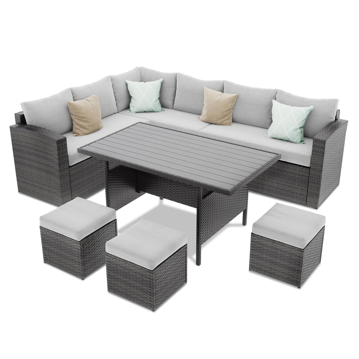 7 Piece Patio Furniture Set, All Weather Wicker Patio Conversation Sets with Cushion Seat