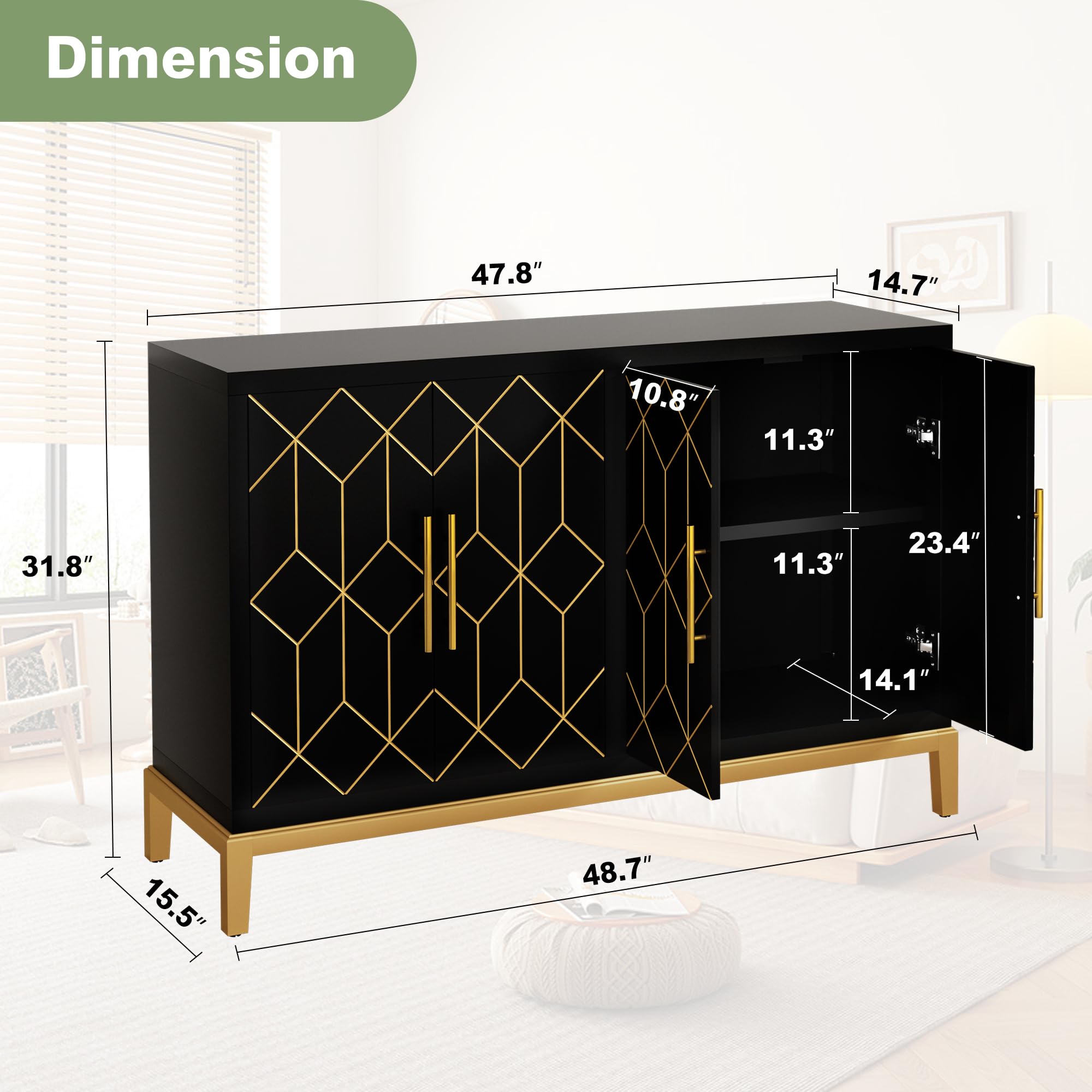 Sideboard Buffet Cabinet with 4 Doors&Shelves, Carved Decorative Accent Storage