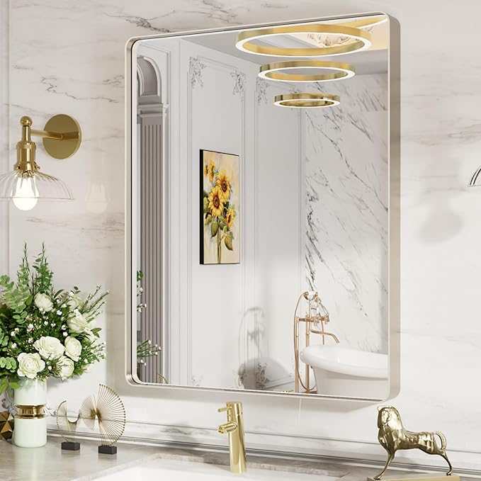 Bathroom Mirror, Rounded Rectangle Silver Metal Frame Mirror