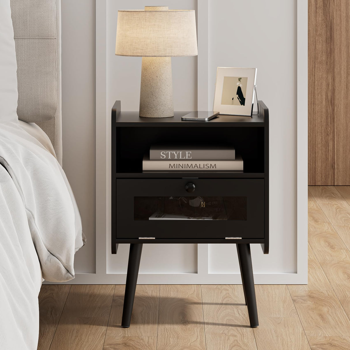 Night Stand Black Nightstand Modern Side Table Bedroom Night Stand End Table with Drawer Mid