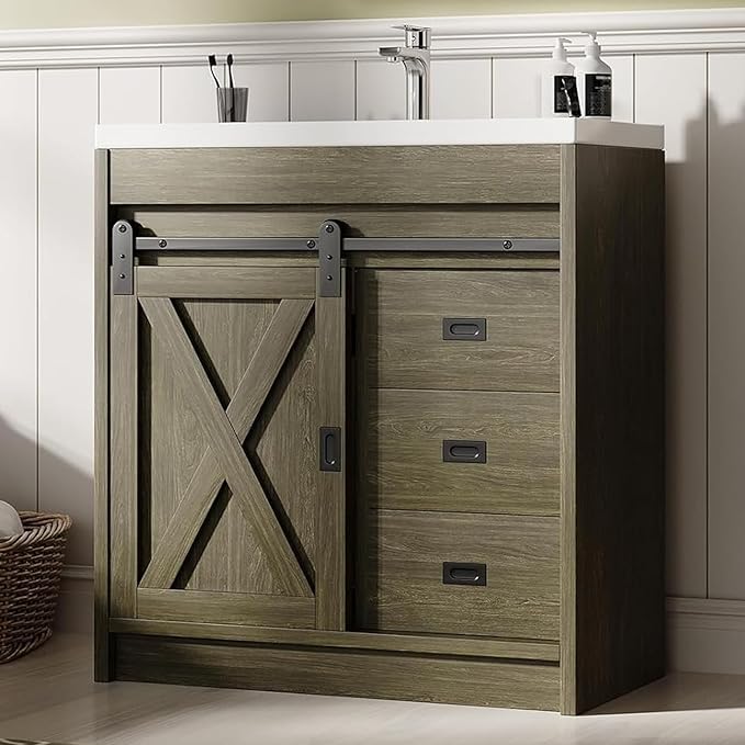 Farmhouse Bathroom Vanity with Sink, White Bathroom Vanity Cabinet with 3 Drawers
