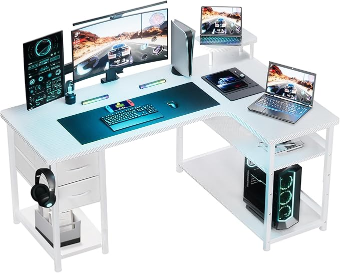 Gaming Desk with Drawers, Carbon Fiber Style L Shaped Computer Desk Compatible