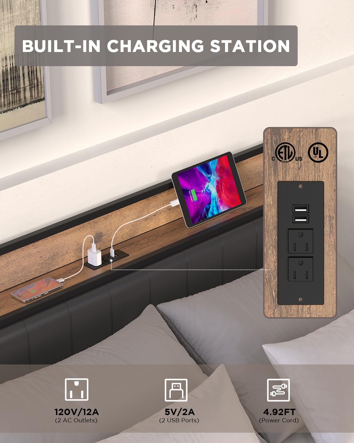 Bed Frame with Storage Headboard, Built-in Charging Station, Easy Assembly, Noise Free,