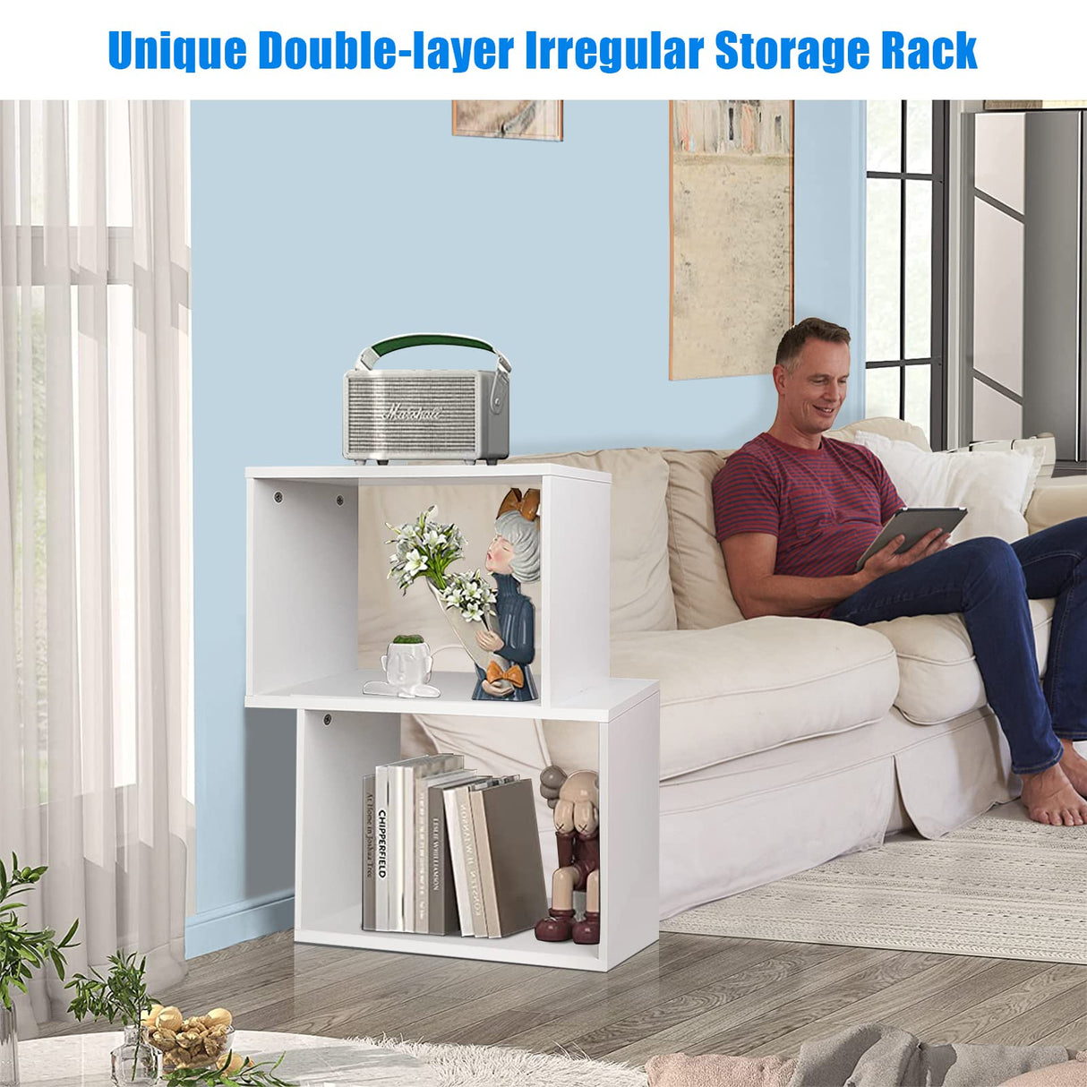 3-Tier Geometric Bookshelf White, 28’’ Tall Wood S-Shaped Display Shelves