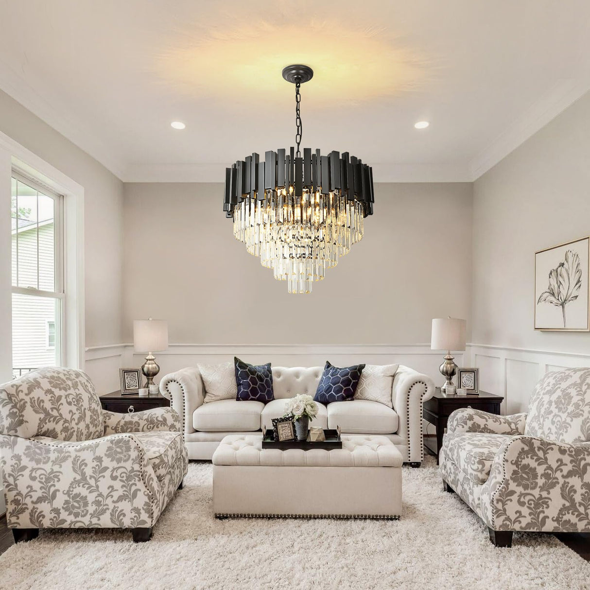 Crystal Chandelier Black Pendant Light Fixtures, Round Crystal Pendant Lighting for Living