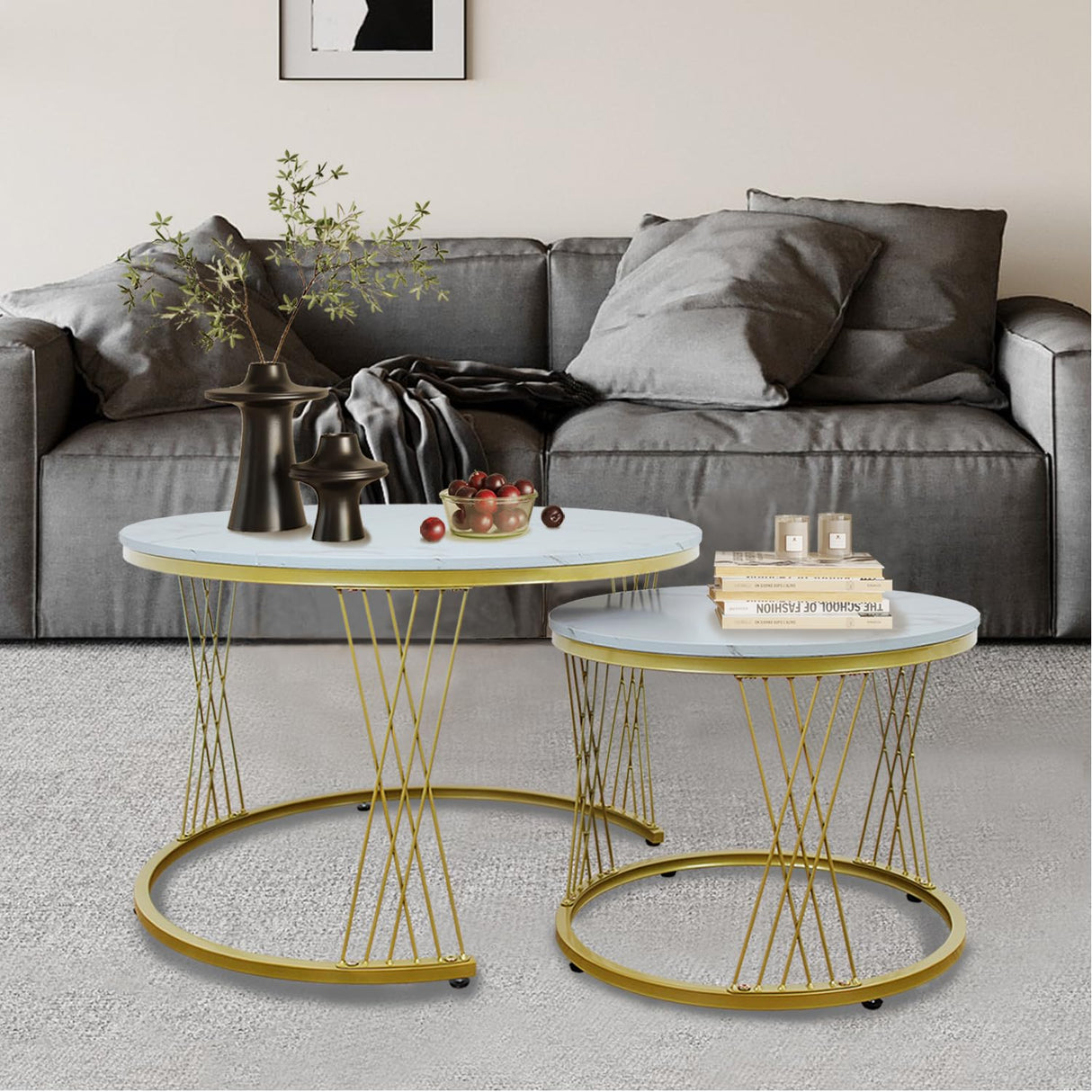Nesting Coffee Table Set of 2, Round Side Tables for Living Room, Apartment (Gold)