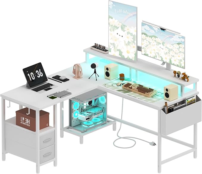 White L Shaped Computer Desk with Fabric Drawers, 47 Inch Corner Home Office Desk