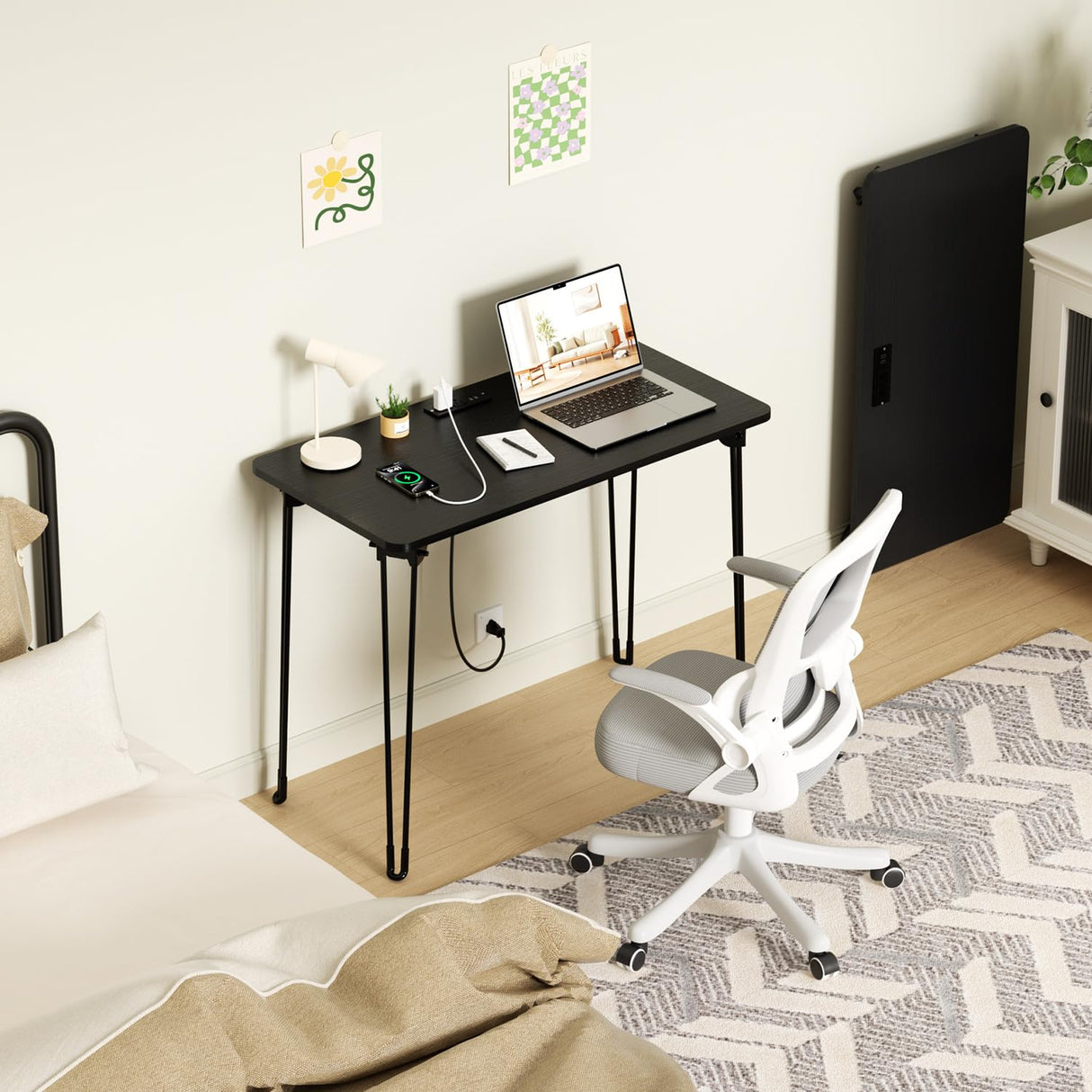 Folding Desk, 31.5" Hairpin Legs Small Desk with Power Strip for Bedroom