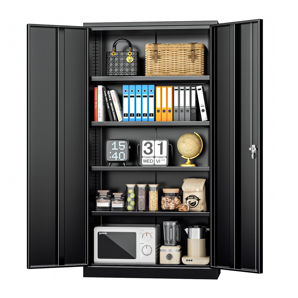 Black Metal Storage Cabinet Doors, 72" Locking Steel Storage Cabinet with Shelves