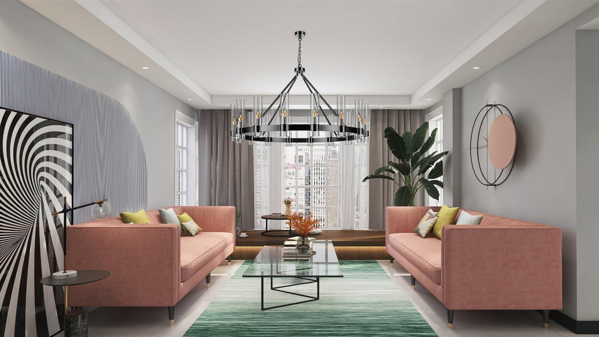 48 Inch Black Wagon Wheel Chandelier with Glass Shade, 16 Lights, Modern Farmhouse