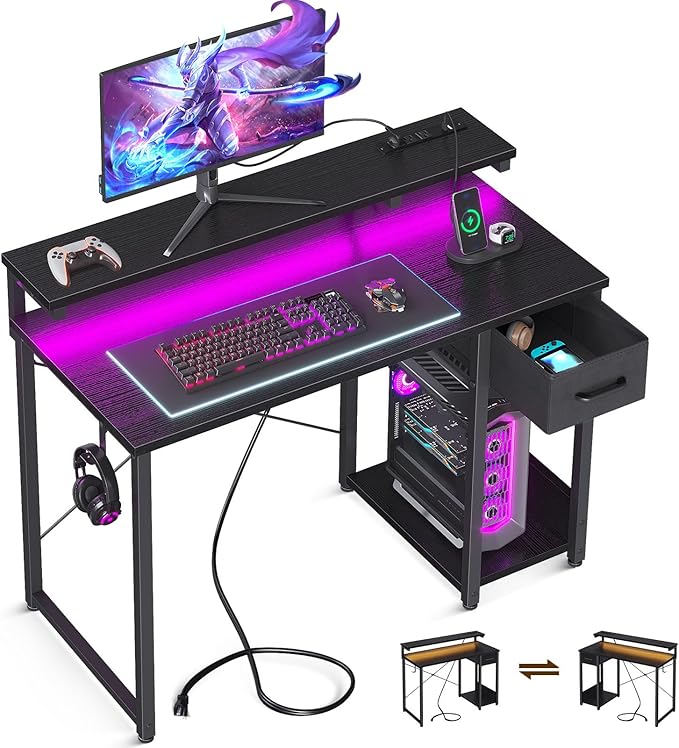 Gaming Desk with LED Lights & Power Outlet, 40 Inch Computer Desk with Drawer