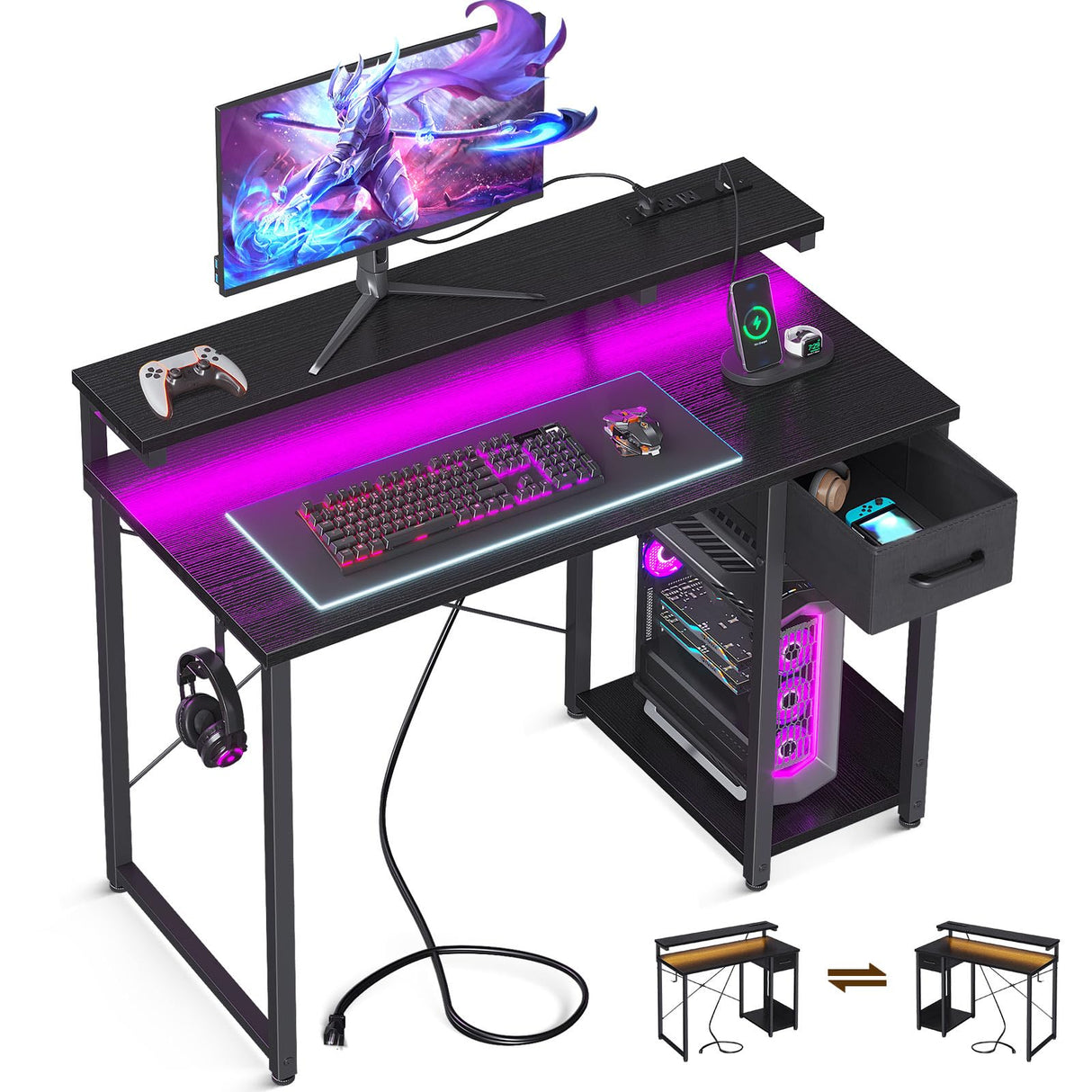 Gaming Desk with LED Lights & Power Outlet, 40 Inch Computer Desk with Drawer