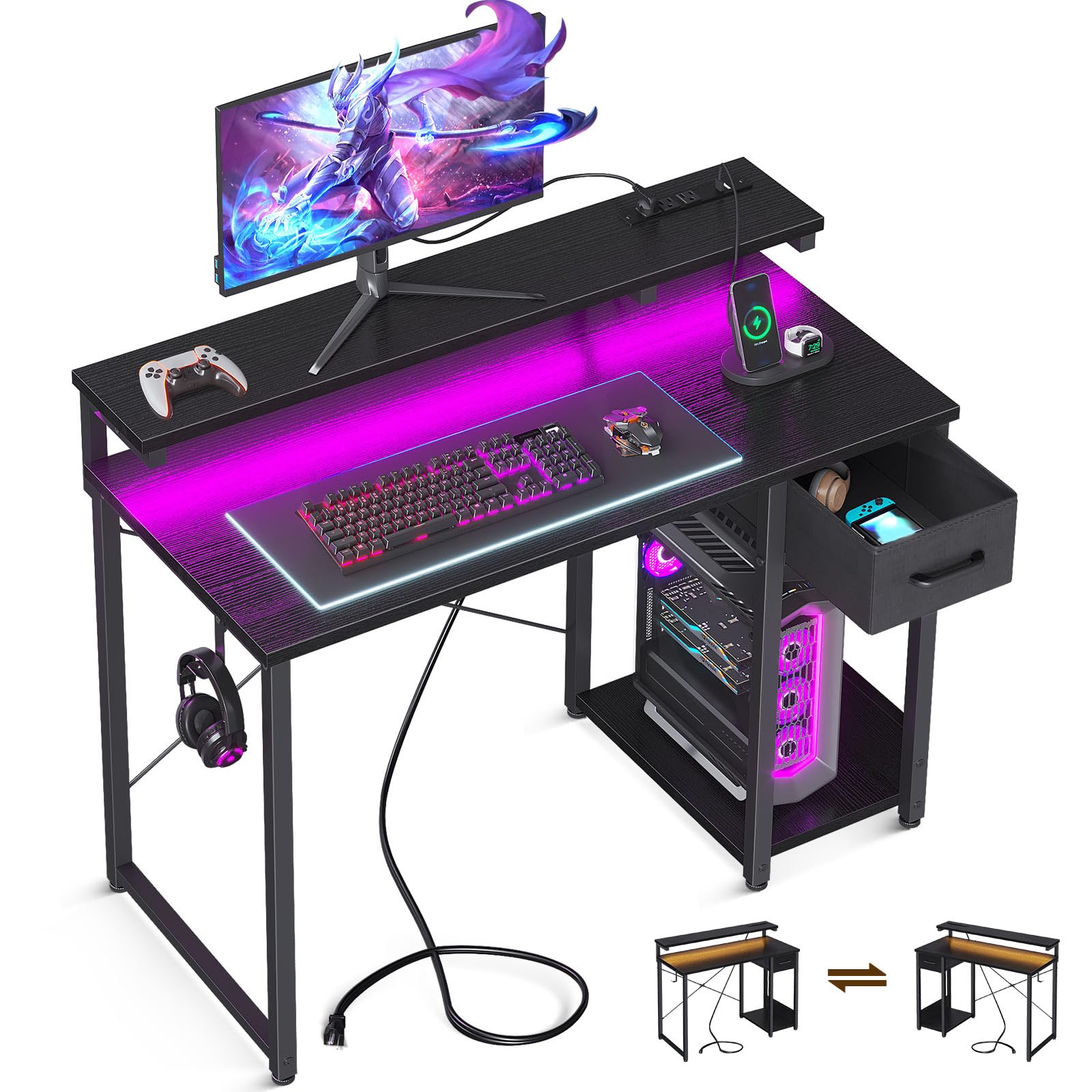 Gaming Desk with LED Lights & Power Outlet, 40 Inch Computer Desk with Drawer
