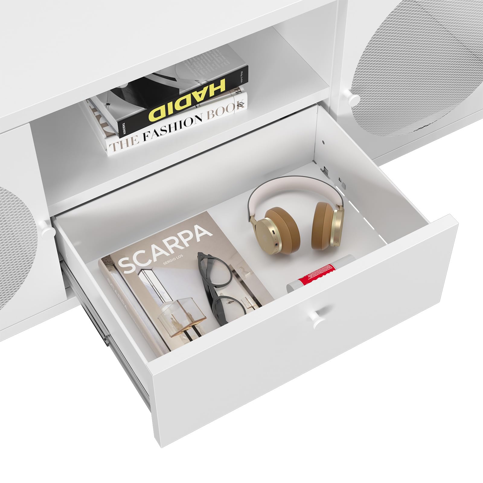 TIMELESS PIECES TV Stand, Metal Media TV Console with Drawer,Modern Entertainment Center with Storage Cabinets and Cable Hole,Tv Stands for Living Room, Bedroom