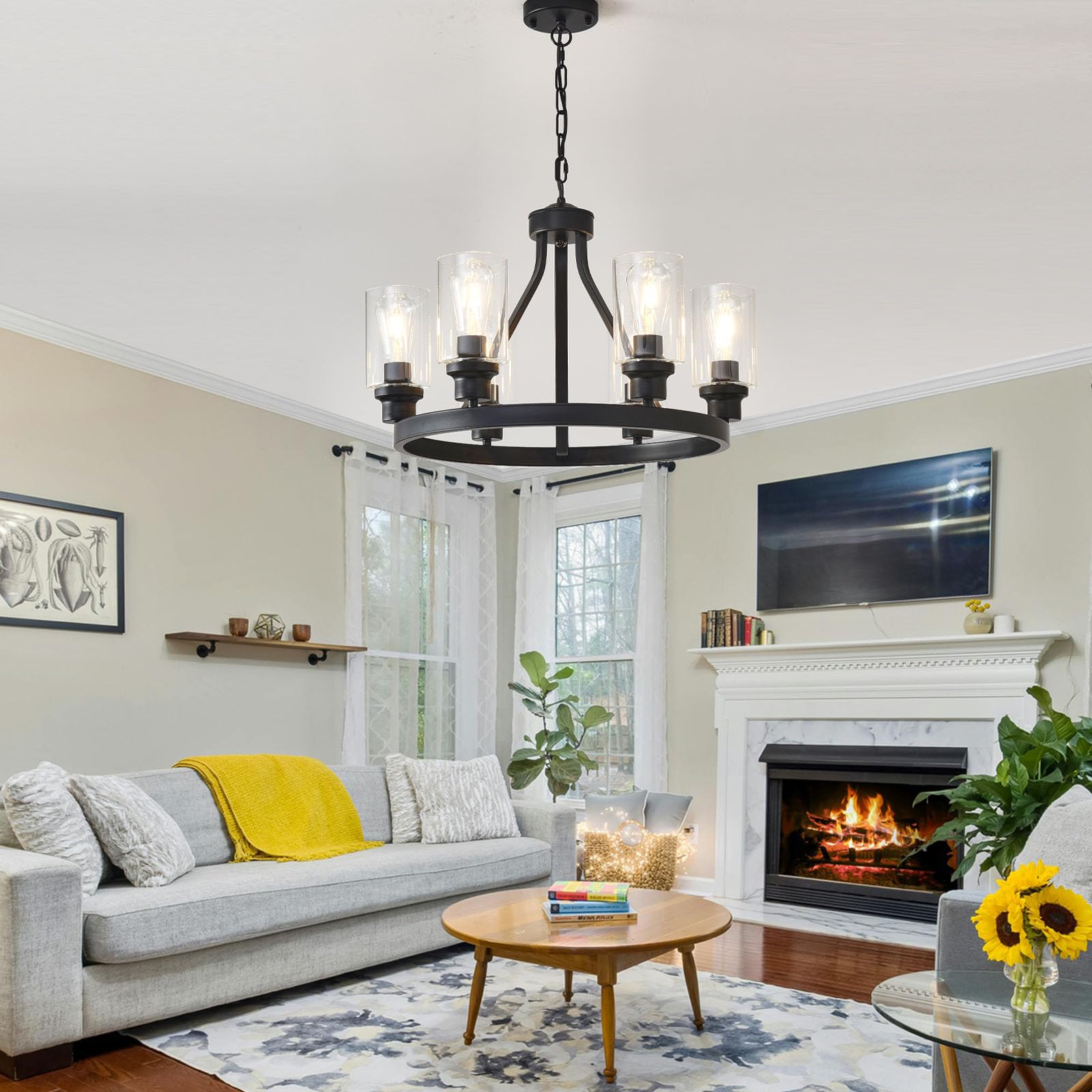 LOFTPLUS Farmhouse Chandelier 6-Light Black Dining Room Light Fixture with Glass Shade Ceiling Hanging Wagon Wheel Chandeliers for Living Room Kitchen Island Entryway Foyer