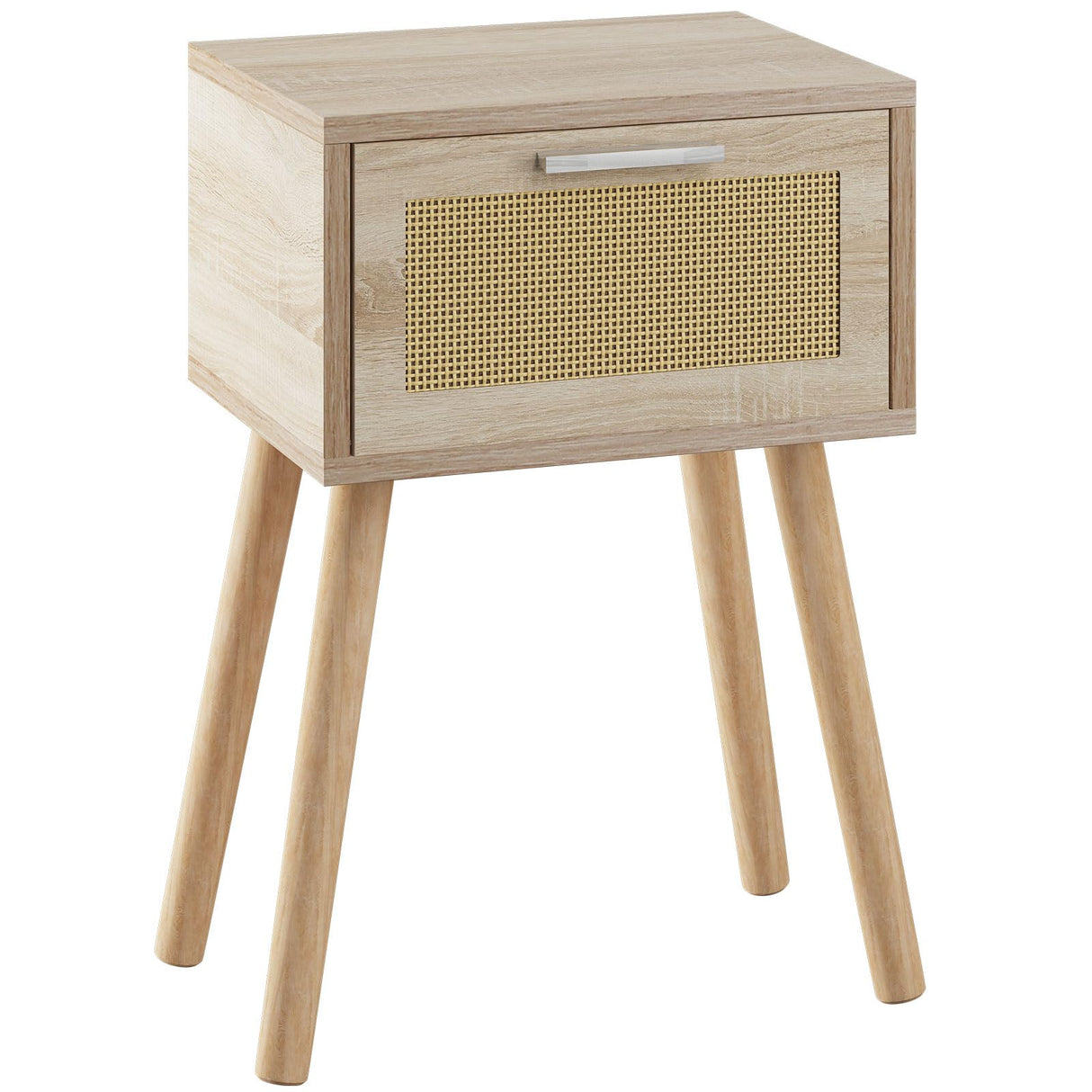 Nightstand, Small Bedside Table, Handmade Rattan Decorated Drawer, Solid Wood Legs