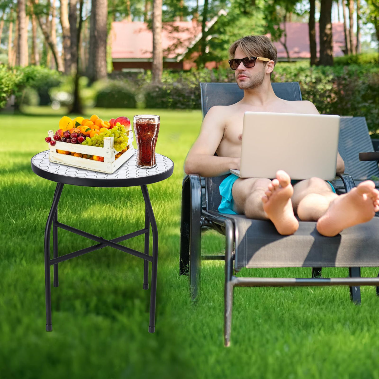 VCUTEKA Mosaic Outdoor Side Table - Small Patio Table Coffee Outside Accent Tables Round End Plant Tables for Bistro Balcony Porch Outdoor Benches 14'' White - Bircata