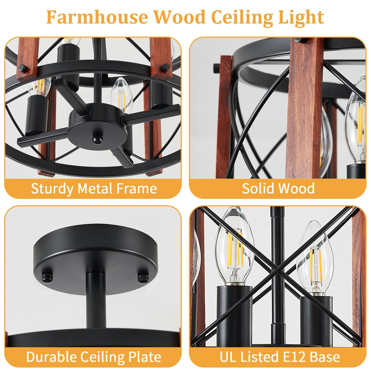 4-Light Farmhouse Wood Semi Flush Mount Ceiling Light